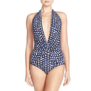Robin Piccone Aubrey Halter Plunge One Piece Swimsuit Blue and White Women's 6